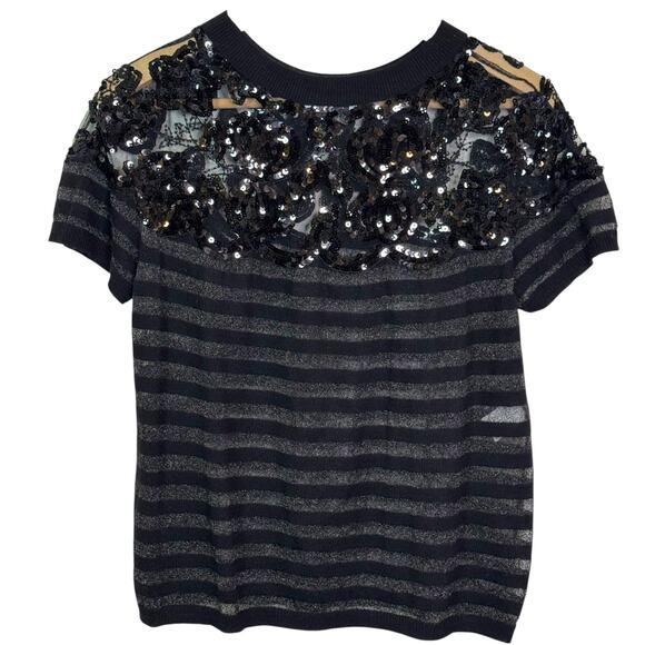 Moschino Cheap & Chic US 6 Silk Cashmere Black Striped Lace Sequin Top - Picture 4 of 7